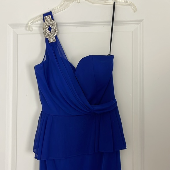 XSCAPE Royal Blue One Shoulder Peplum Gown Rhinestones Formal Wedding Guest Prom - Picture 2 of 9